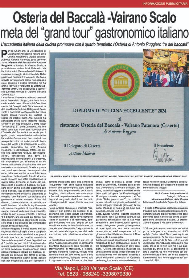 Diploma Accademia Italiana della Cucina Diploma Accademia Italiana della Cucina premia Osteria del Baccalà